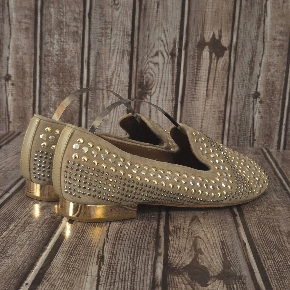 Sz 6 M Donald‎ J Pliner Henley Studded Suede Loafers Tan Gold Silver Shoes VGUC